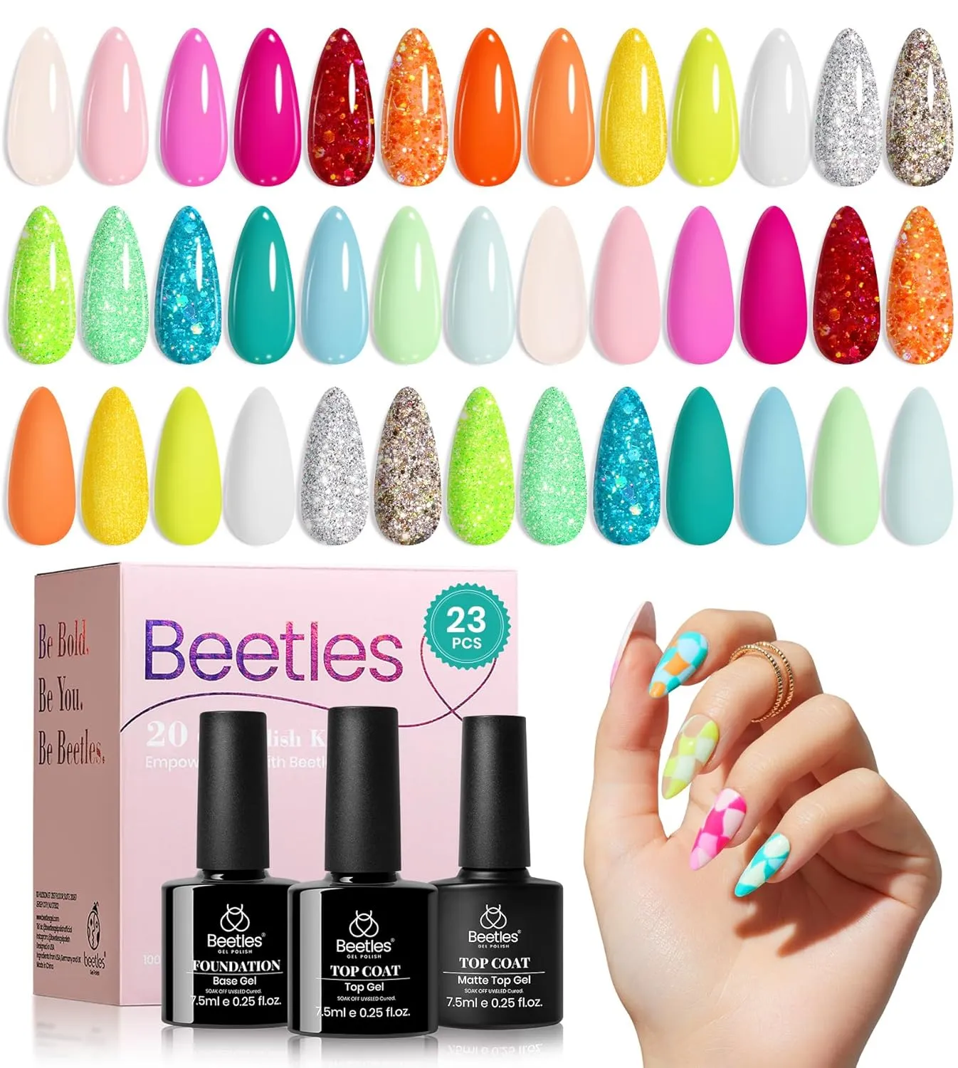 Beetles Spring Gel Nail Polish Set, 23 Pcs 20 Colors Neon Glitter Hot Pink Yellow Orange Blue Clear Pastel Gel Nail Polish Kit Soak Off UV Base Glossy & Matte Top Coat Gel Rainbow Nail Gift for Women