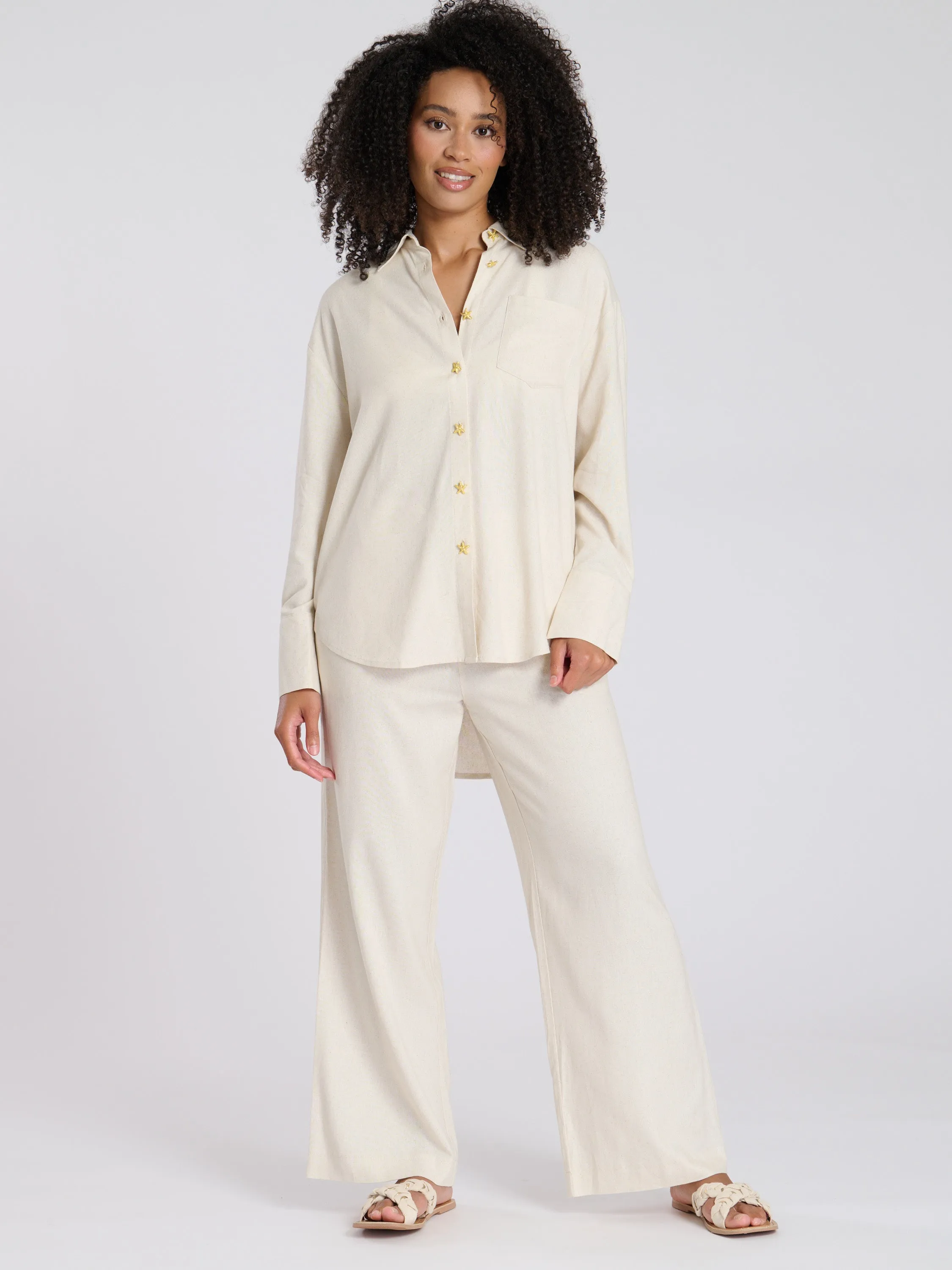 Beige Starfish Button Linen Blend Shirt