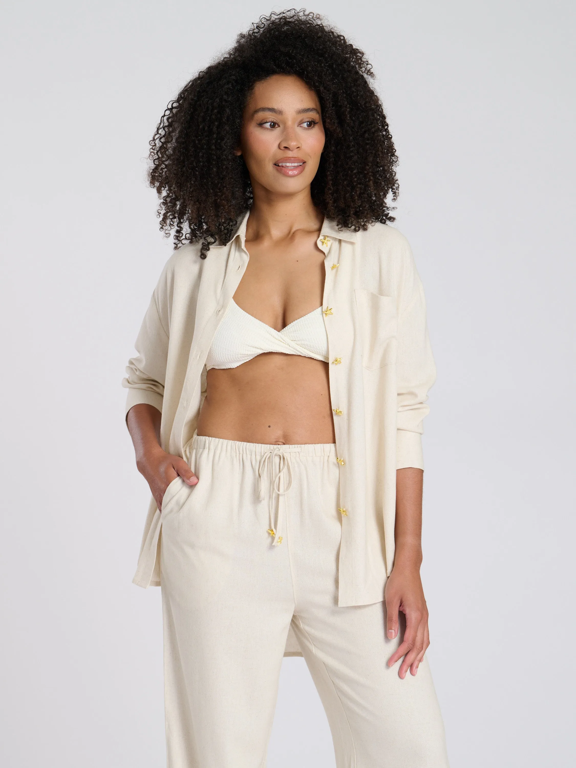 Beige Starfish Button Linen Blend Shirt