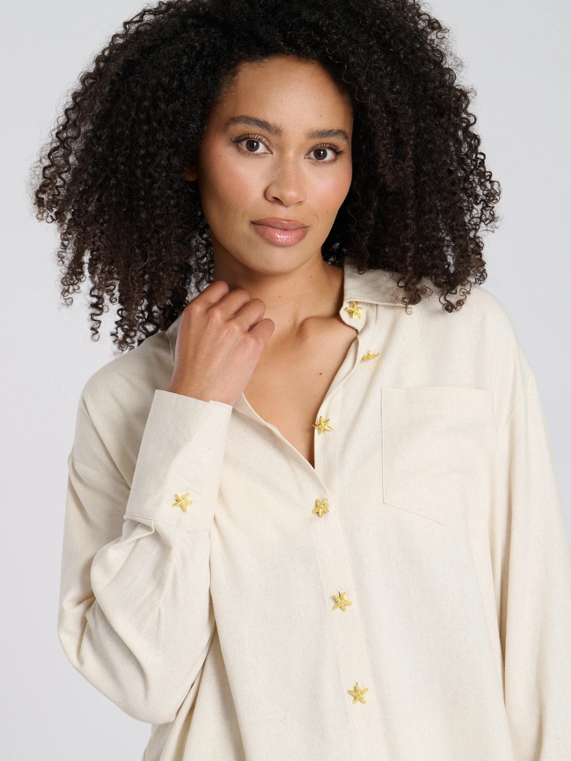 Beige Starfish Button Linen Blend Shirt