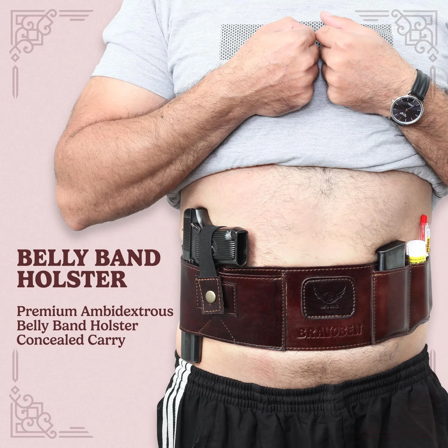 Belly Band Holster - Guardian Belt Holster - Cowhide Leather Concealed Carry, Athletic Design, Ambidextrous, Water-Resistant, Compatible with Glock, Smith & Wesson - Unisex