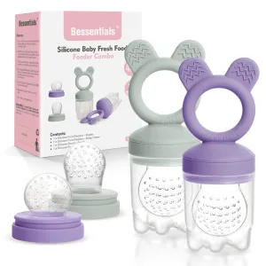 Bessentials Baby Fresh Fruit Food Feeder - 2 Pack Silicone Baby Mesh Feeders for Infant Safe Self Feeding |3 Sizes Food Pouches Included| Suitable for Baby 4m （ Purple Misty Green）