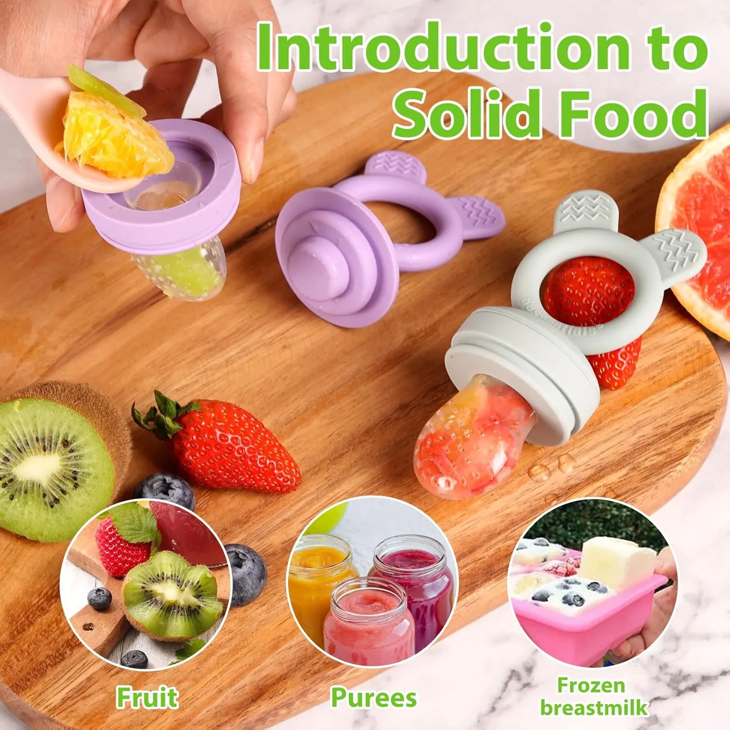 Bessentials Baby Fresh Fruit Food Feeder - 2 Pack Silicone Baby Mesh Feeders for Infant Safe Self Feeding |3 Sizes Food Pouches Included| Suitable for Baby 4m （ Purple Misty Green）