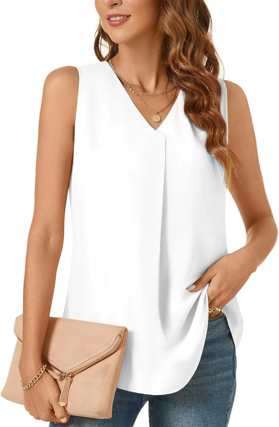 Bestbee Women's 2025 Summer Tank Tops Dressy Casual Sleeveless Chiffon Blouses V Neck Tunics Cute Business Work Shirts