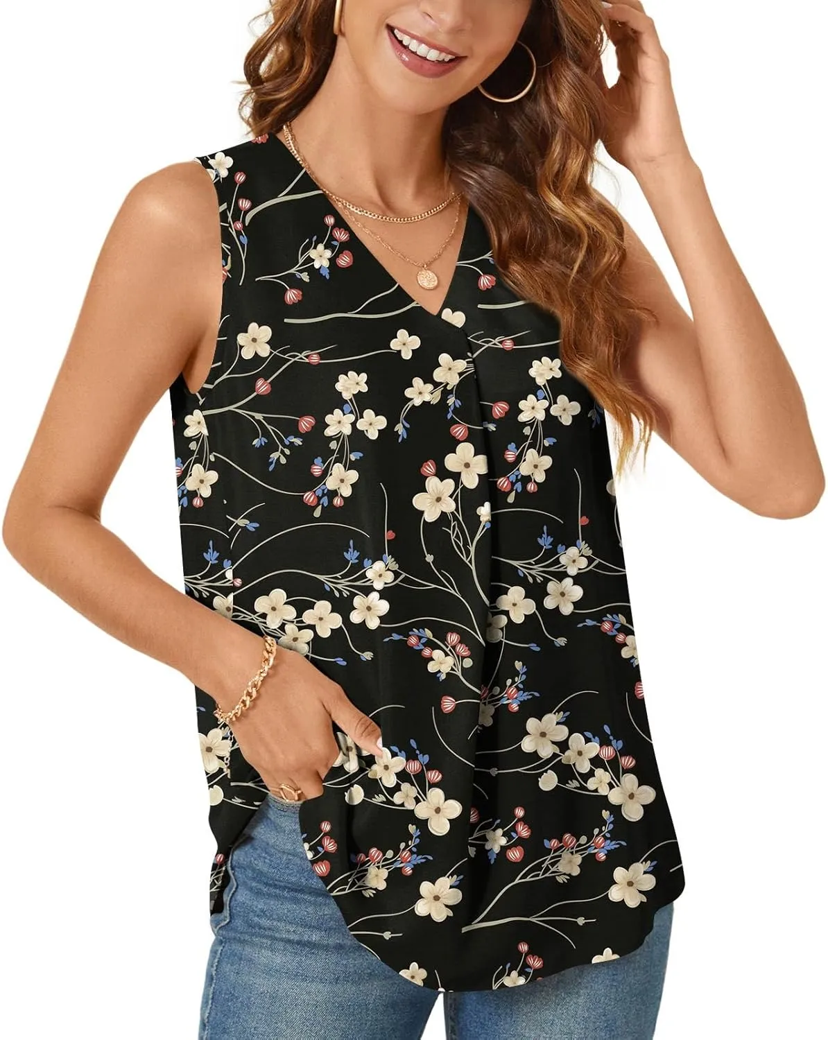 Bestbee Women's 2025 Summer Tank Tops Dressy Casual Sleeveless Chiffon Blouses V Neck Tunics Cute Business Work Shirts