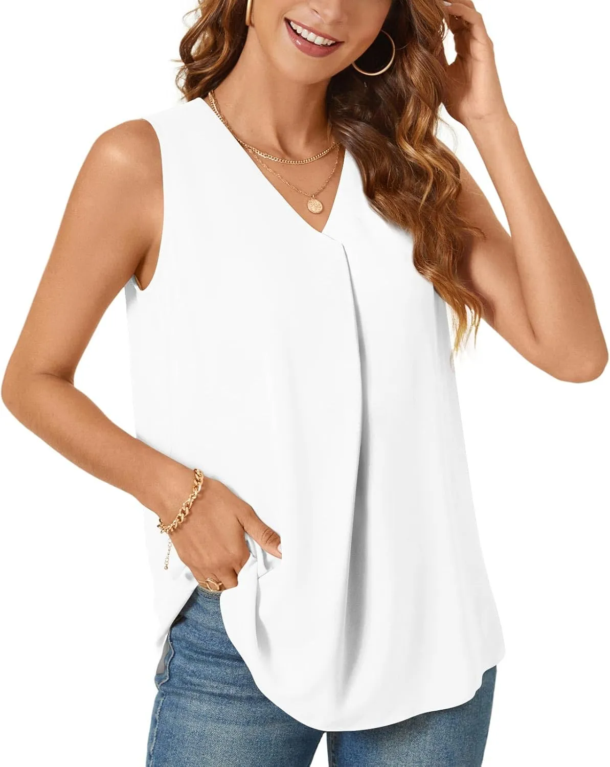 Bestbee Women's 2025 Summer Tank Tops Dressy Casual Sleeveless Chiffon Blouses V Neck Tunics Cute Business Work Shirts