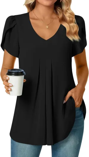 Bestbee Women's Chiffon Blouses Dressy Casual Tops Summer Tunics V Neck Business Short Sleeve Shirts