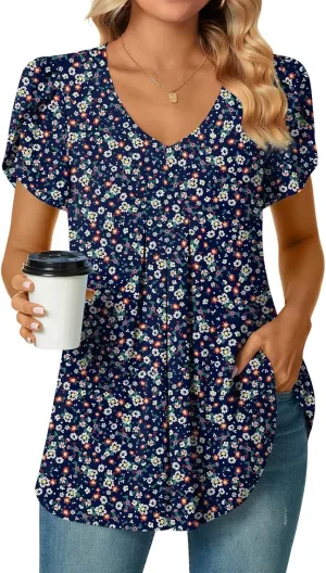 Bestbee Women's Chiffon Blouses Dressy Casual Tops Summer Tunics V Neck Business Short Sleeve Shirts