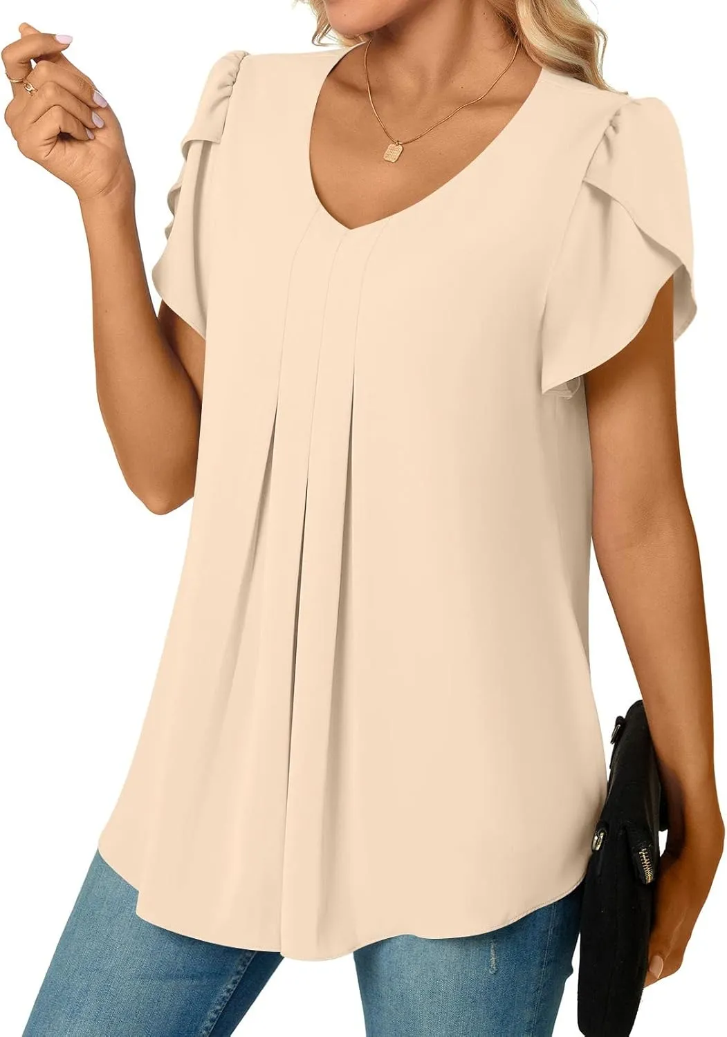 Bestbee Women's Chiffon Blouses Dressy Casual Tops Summer Tunics V Neck Business Short Sleeve Shirts