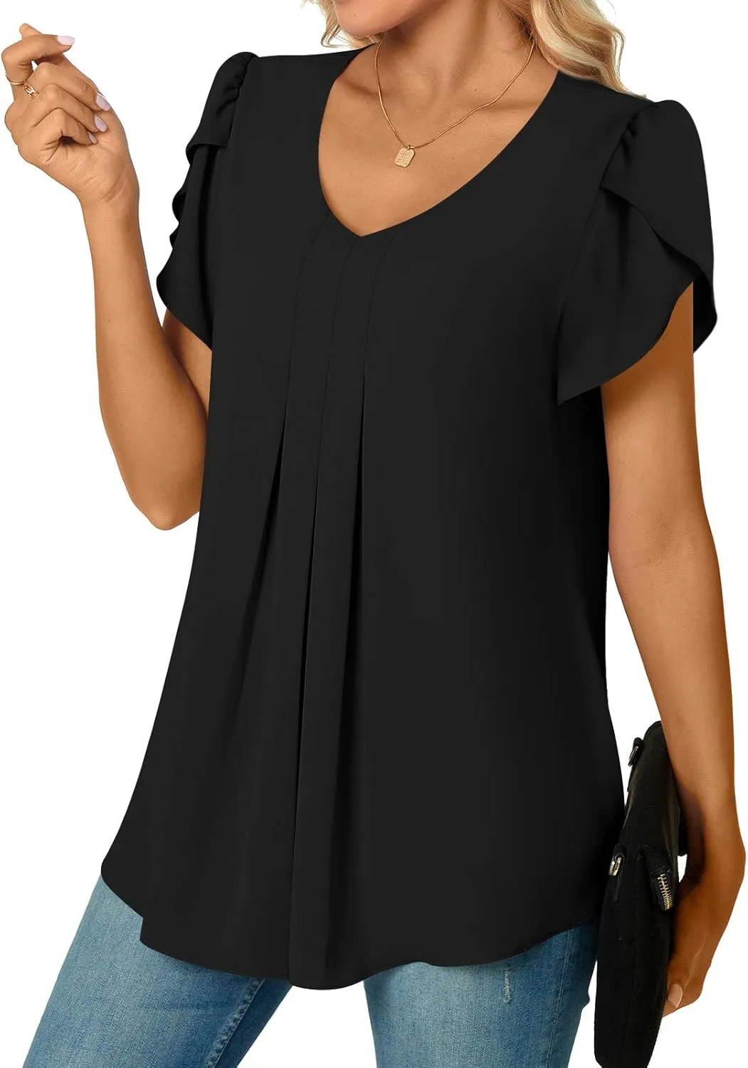 Bestbee Women's Chiffon Blouses Dressy Casual Tops Summer Tunics V Neck Business Short Sleeve Shirts