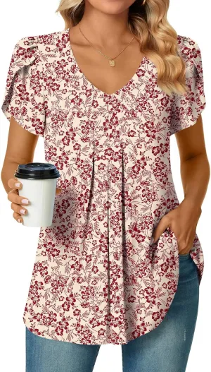 Bestbee Women's Chiffon Blouses Dressy Casual Tops Summer Tunics V Neck Business Short Sleeve Shirts
