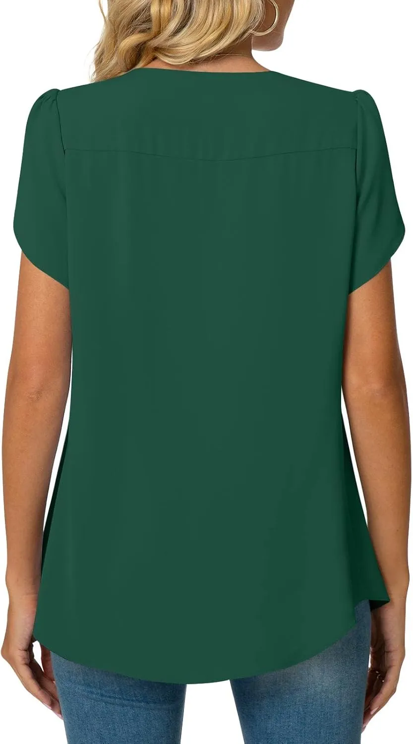 Bestbee Women's Chiffon Blouses Dressy Casual Tops Summer Tunics V Neck Business Short Sleeve Shirts