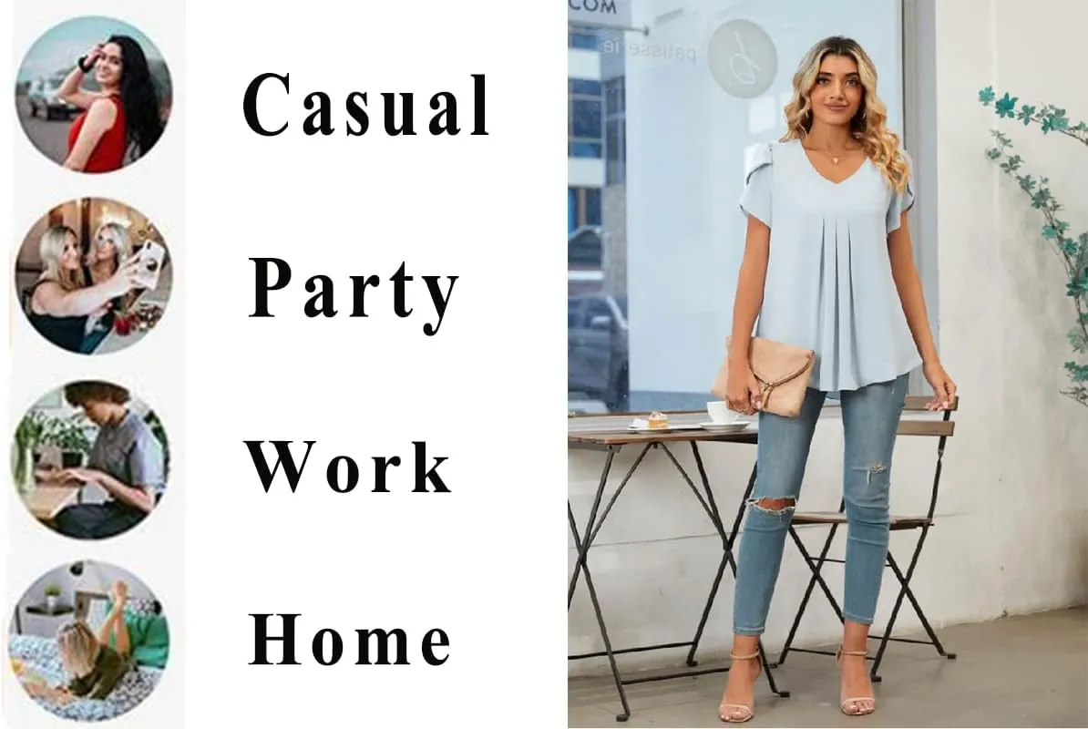 Bestbee Women's Chiffon Blouses Dressy Casual Tops Summer Tunics V Neck Business Short Sleeve Shirts
