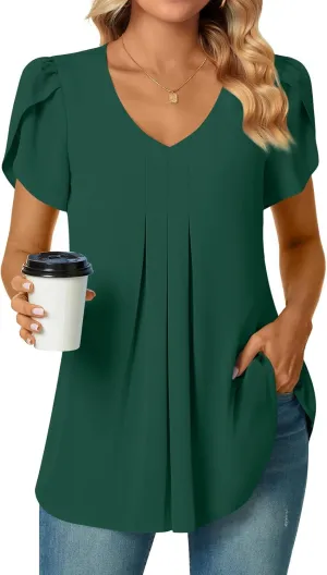 Bestbee Women's Chiffon Blouses Dressy Casual Tops Summer Tunics V Neck Business Short Sleeve Shirts