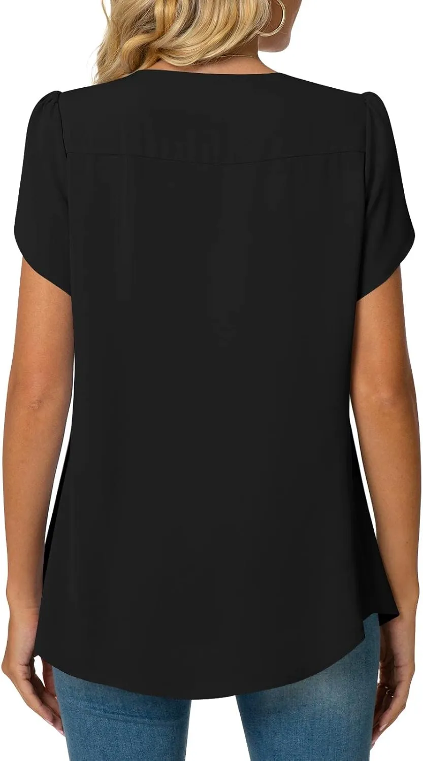Bestbee Women's Chiffon Blouses Dressy Casual Tops Summer Tunics V Neck Business Short Sleeve Shirts