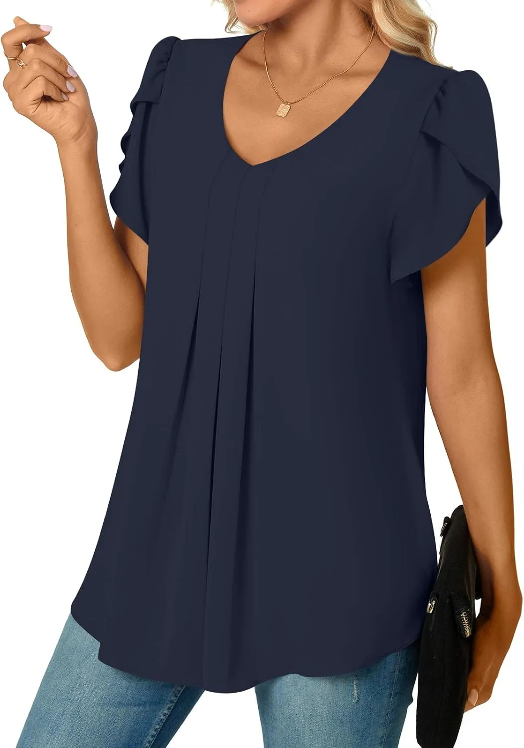 Bestbee Women's Chiffon Blouses Dressy Casual Tops Summer Tunics V Neck Business Short Sleeve Shirts