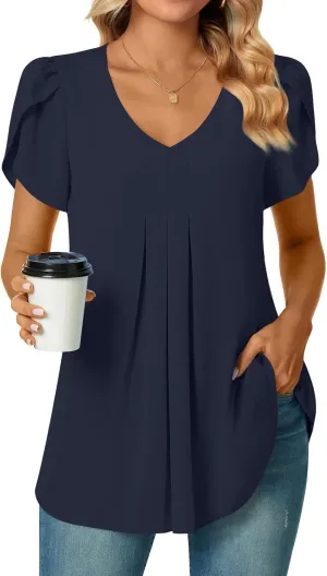 Bestbee Women's Chiffon Blouses Dressy Casual Tops Summer Tunics V Neck Business Short Sleeve Shirts