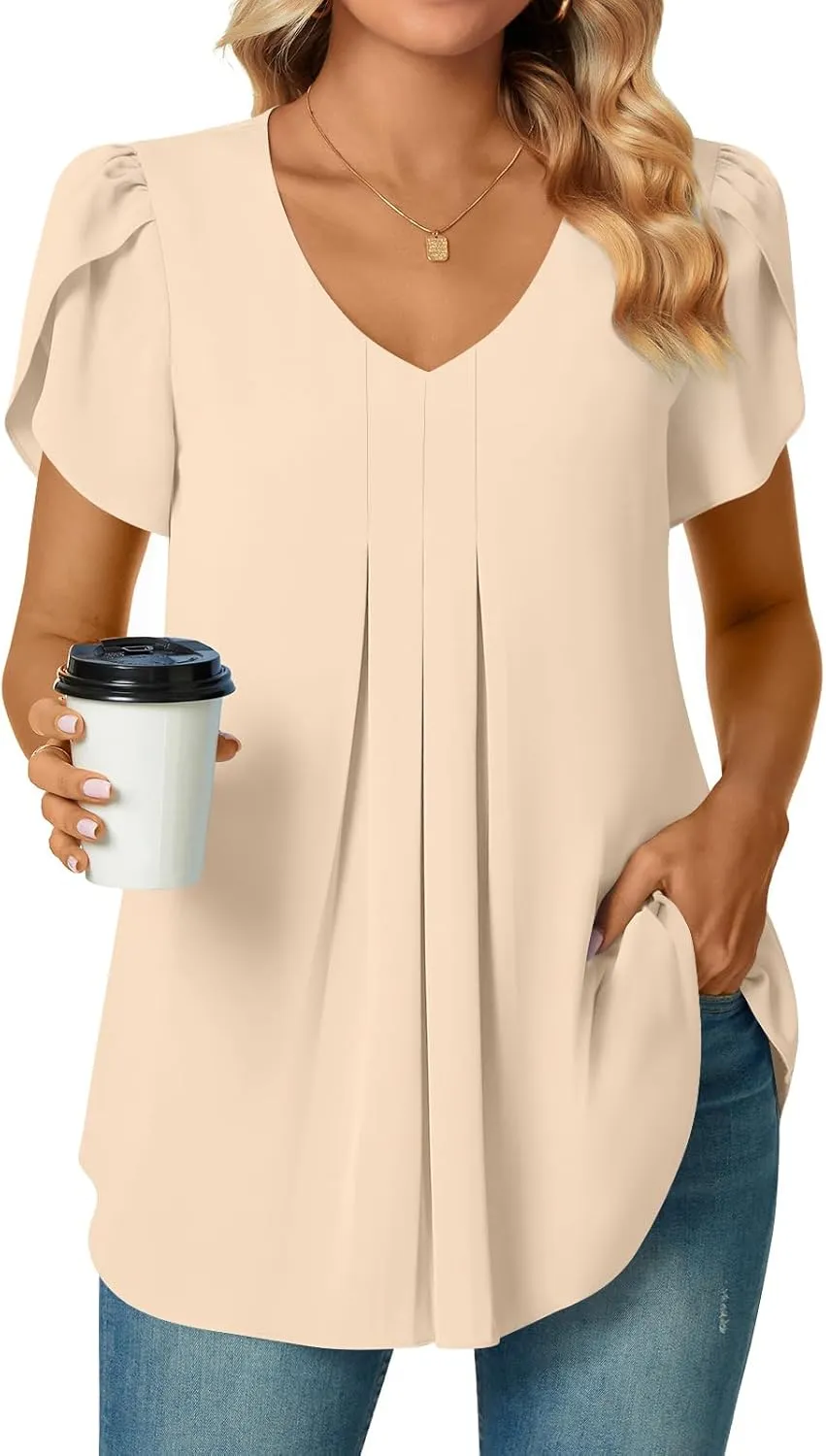 Bestbee Women's Chiffon Blouses Dressy Casual Tops Summer Tunics V Neck Business Short Sleeve Shirts