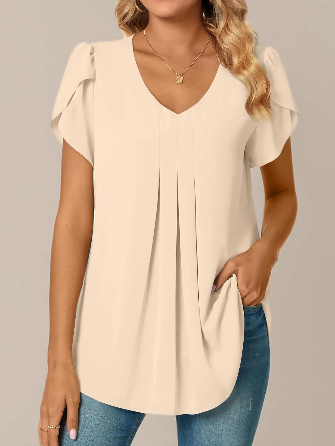 Bestbee Women's Chiffon Blouses Dressy Casual Tops Summer Tunics V Neck Business Short Sleeve Shirts