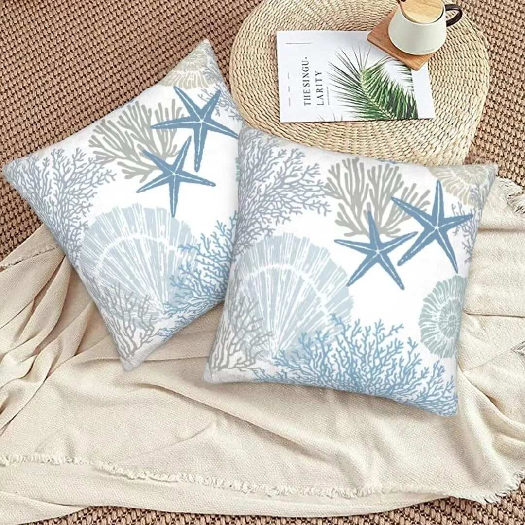 BETGINY Coastal Throw Pillow Cover 22 X 22 Inch Pack of 2, Summer Ocean Themed Pillow Covers Square Cushion Farmhouse Seashell Starfish Beach Pillow Cases for Bedroom Living Room