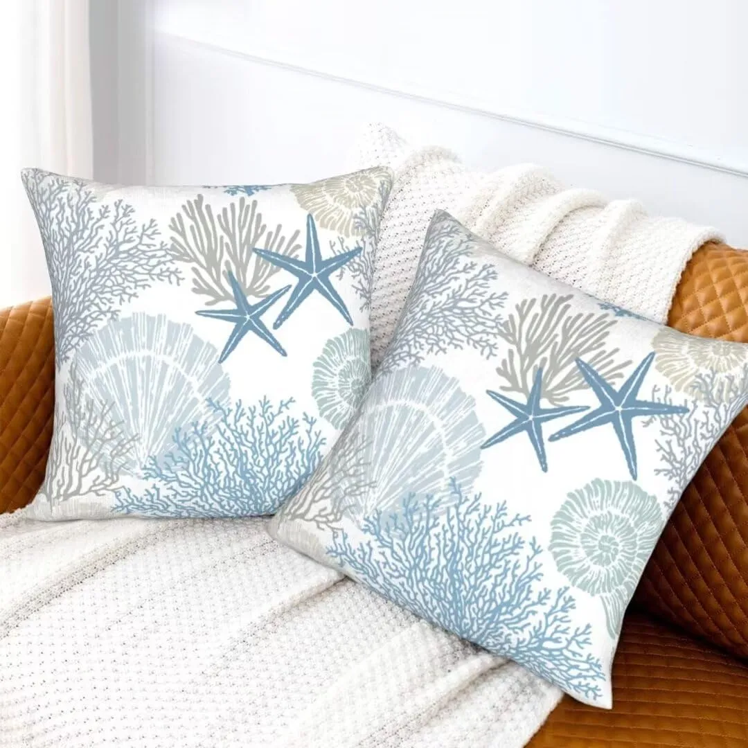 BETGINY Coastal Throw Pillow Cover 22 X 22 Inch Pack of 2, Summer Ocean Themed Pillow Covers Square Cushion Farmhouse Seashell Starfish Beach Pillow Cases for Bedroom Living Room