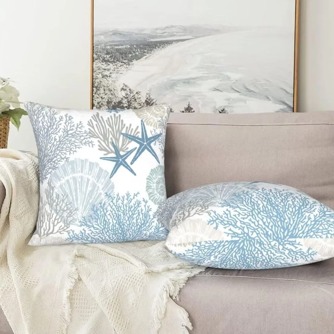 BETGINY Coastal Throw Pillow Cover 22 X 22 Inch Pack of 2, Summer Ocean Themed Pillow Covers Square Cushion Farmhouse Seashell Starfish Beach Pillow Cases for Bedroom Living Room