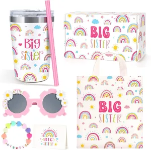 Big Sister Gifts for Girls, 5PCS Promoted to Big Sister Announcement Gift Includes 12OZ Tumbler Cup Sunglasses Bracelet Canvas Bag Card Bracelet for Little Girls, Gifts for Older Siblings of New Baby