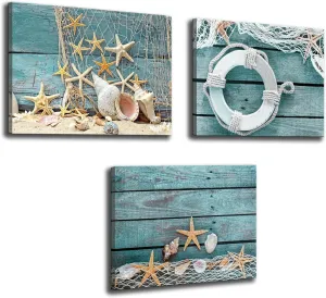 Biuteawal- 3 Piece Canvas Wall Art Starfish Shell on Teal Board Painting Prints Beach Nature Picture Canvas Artwork for Home Kitchen Bathroom Living Room Wall Decor Ready to Hang