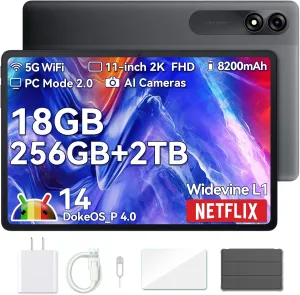 Blackview Tablet 2025, 11 inch Android Tablet with 18GB 256GB Storage(Expand to 2TB), Tab 9 WiFI Android 14 Tablets with 2.4K FHD Display, Widevine L1, 8200mAh, 5G WiFi, 13MP 8MP/Face ID/PC Mode, Gray