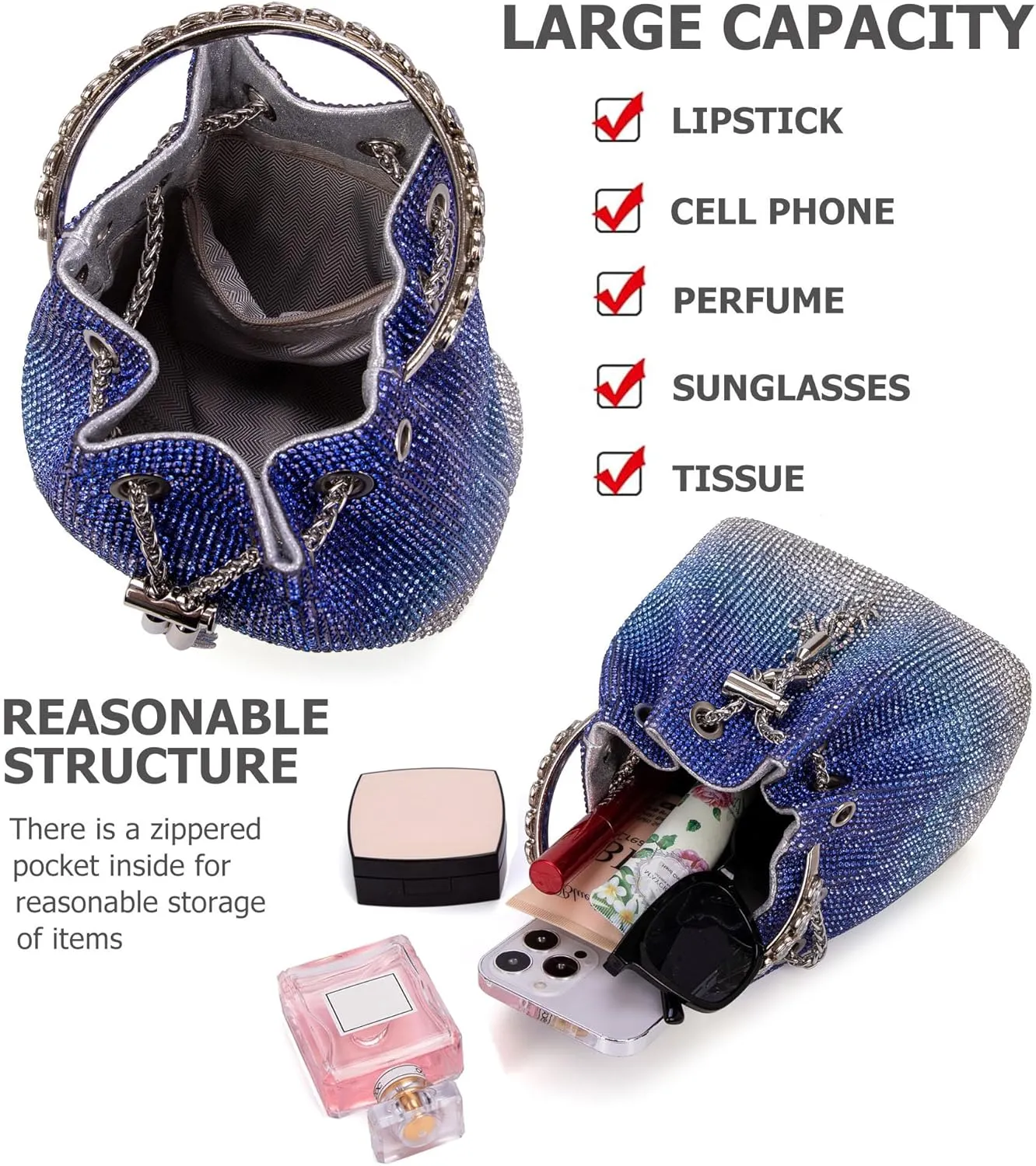 Bling Crystal Rhinestone Purse for Women Sparkly Clutch Handbag Crossbody Bag for Evening Wedding Party Prom
