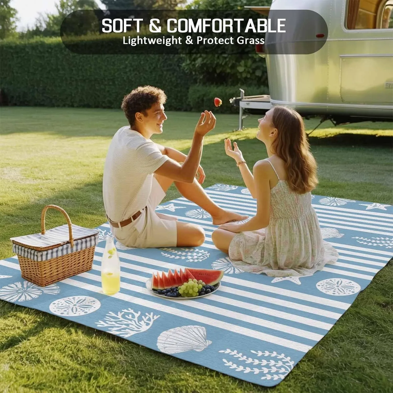 Blue Coastal Outdoor Patio Rug 6x9ft Large,Washable RV Camping Outside Area Runner Rug Mat,Nautical Starfish Shells Jellyfish Coral Summer Stripe Carpet for Picnic Backyard Deck Porch Balcony Beach