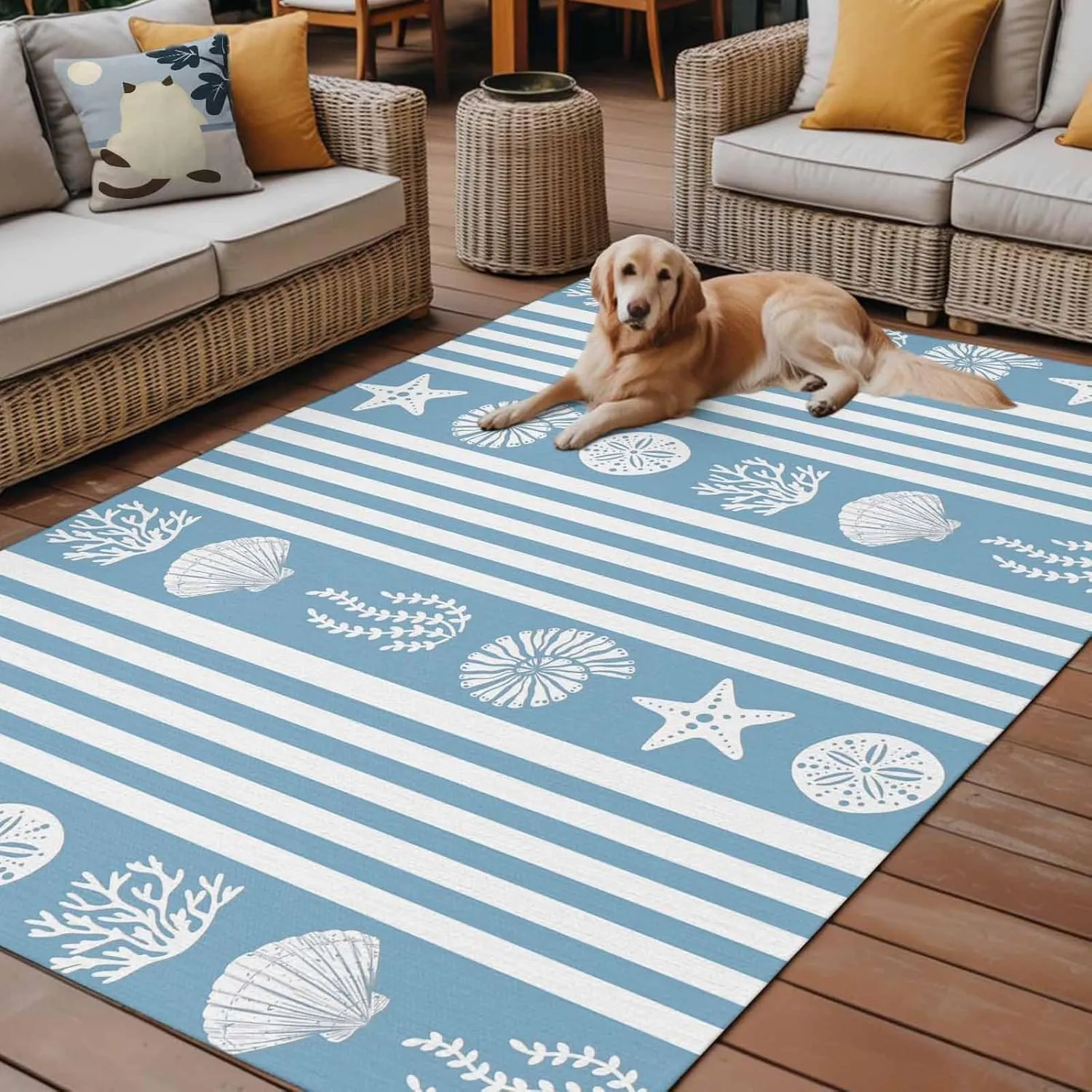 Blue Coastal Outdoor Patio Rug 6x9ft Large,Washable RV Camping Outside Area Runner Rug Mat,Nautical Starfish Shells Jellyfish Coral Summer Stripe Carpet for Picnic Backyard Deck Porch Balcony Beach