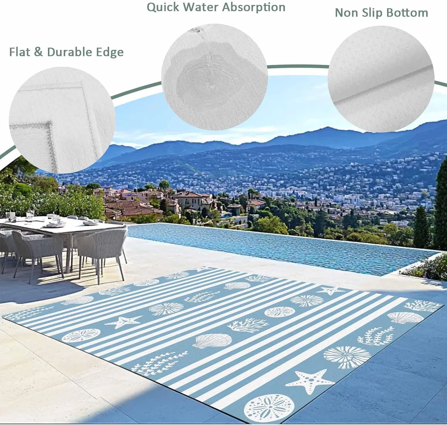 Blue Coastal Outdoor Patio Rug 6x9ft Large,Washable RV Camping Outside Area Runner Rug Mat,Nautical Starfish Shells Jellyfish Coral Summer Stripe Carpet for Picnic Backyard Deck Porch Balcony Beach