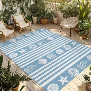 Blue Coastal Outdoor Patio Rug 6x9ft Large,Washable RV Camping Outside Area Runner Rug Mat,Nautical Starfish Shells Jellyfish Coral Summer Stripe Carpet for Picnic Backyard Deck Porch Balcony Beach