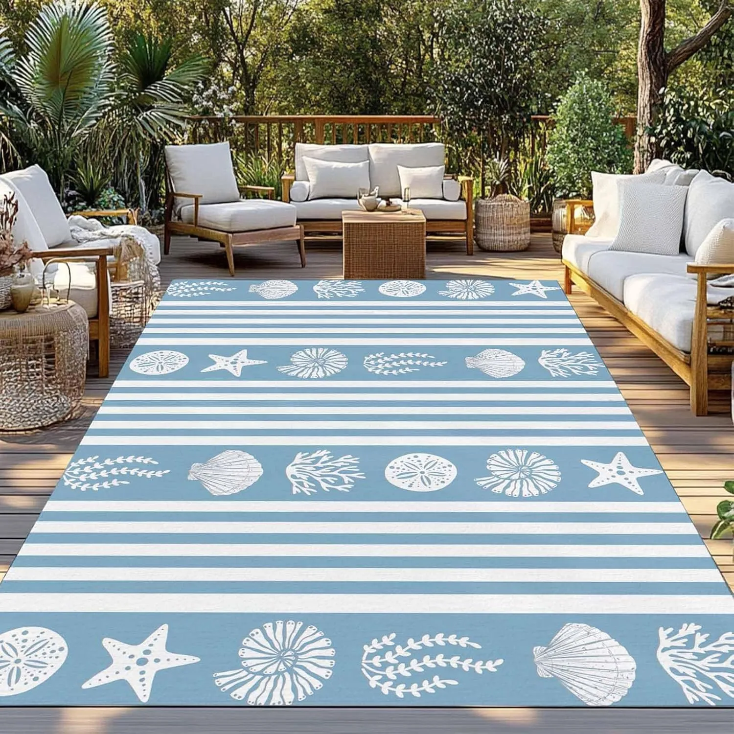 Blue Coastal Outdoor Patio Rug 6x9ft Large,Washable RV Camping Outside Area Runner Rug Mat,Nautical Starfish Shells Jellyfish Coral Summer Stripe Carpet for Picnic Backyard Deck Porch Balcony Beach