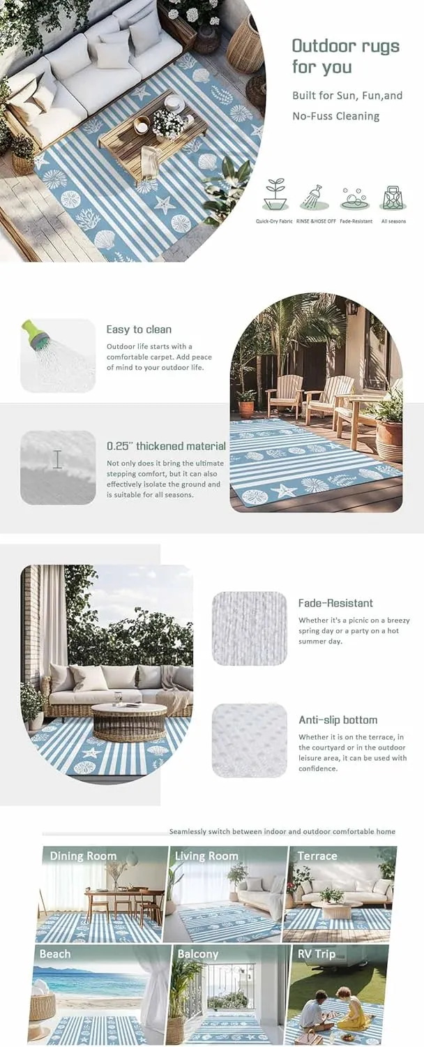 Blue Coastal Outdoor Patio Rug 6x9ft Large,Washable RV Camping Outside Area Runner Rug Mat,Nautical Starfish Shells Jellyfish Coral Summer Stripe Carpet for Picnic Backyard Deck Porch Balcony Beach