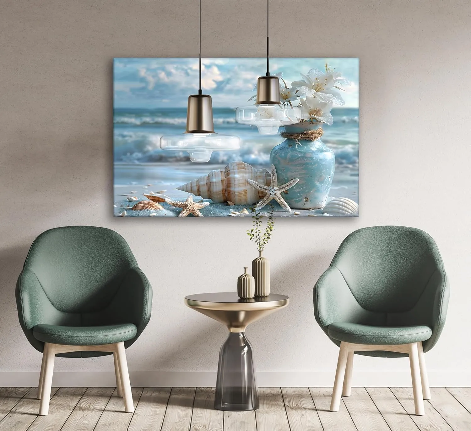 Blue Ocean Beach Bathroom Canvas Wall Art Starfish with White Flower Coastal Picture Wall Decor Seascape Poster Seaside Seashell Painting Print Artwork for Living Room Bedroom Restroom, Framed