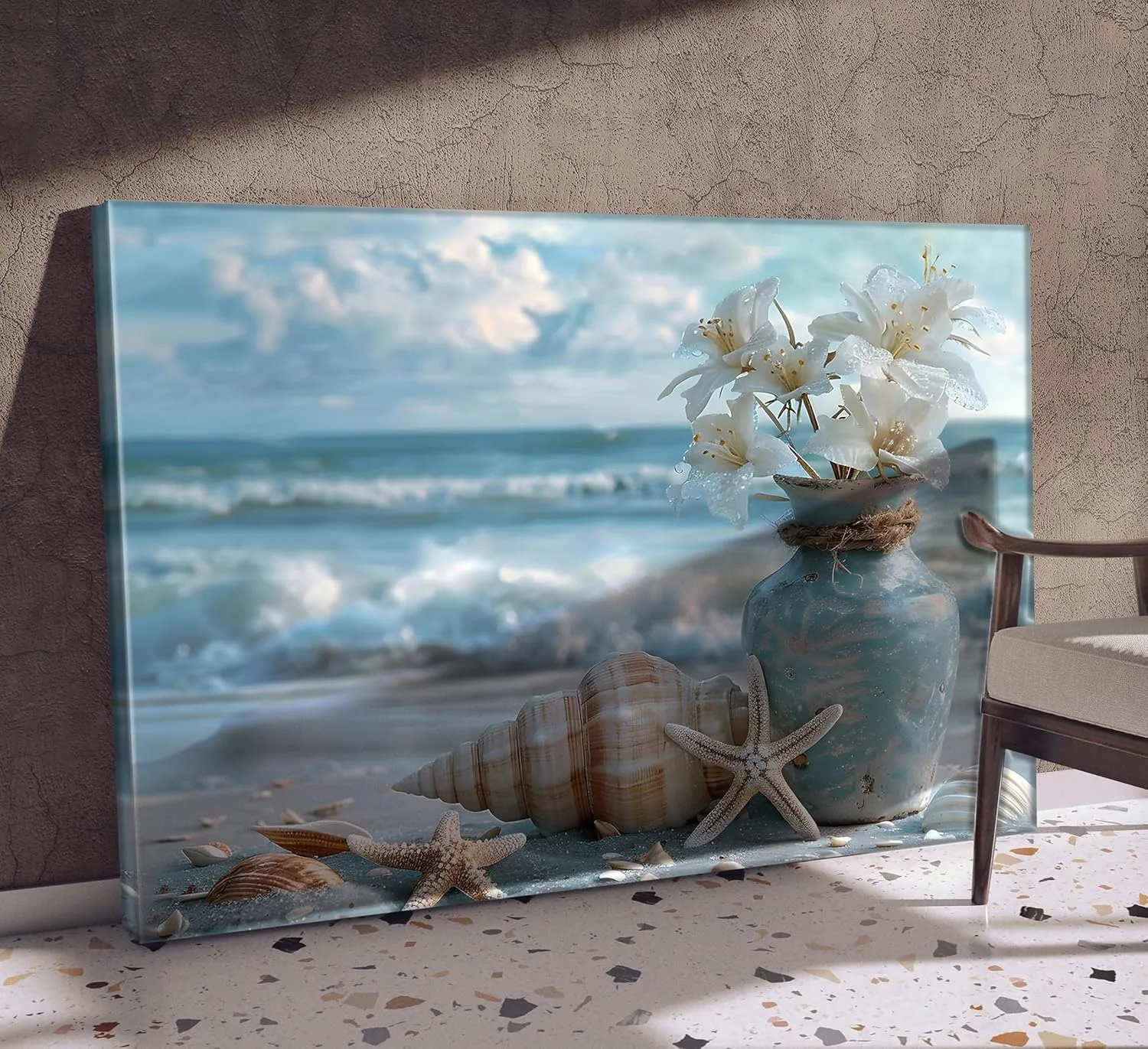 Blue Ocean Beach Bathroom Canvas Wall Art Starfish with White Flower Coastal Picture Wall Decor Seascape Poster Seaside Seashell Painting Print Artwork for Living Room Bedroom Restroom, Framed