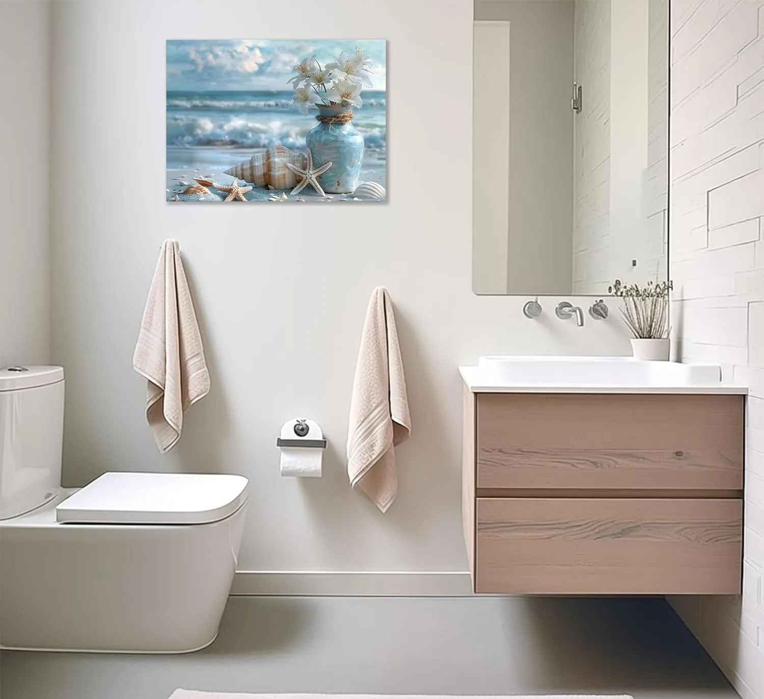 Blue Ocean Beach Bathroom Canvas Wall Art Starfish with White Flower Coastal Picture Wall Decor Seascape Poster Seaside Seashell Painting Print Artwork for Living Room Bedroom Restroom, Framed