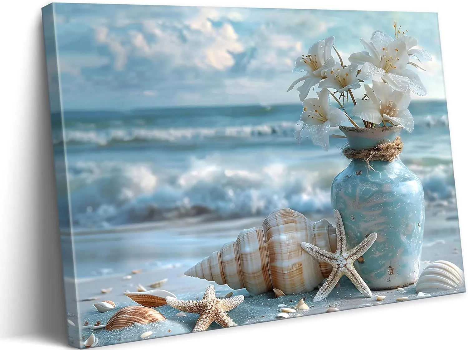 Blue Ocean Beach Bathroom Canvas Wall Art Starfish with White Flower Coastal Picture Wall Decor Seascape Poster Seaside Seashell Painting Print Artwork for Living Room Bedroom Restroom, Framed