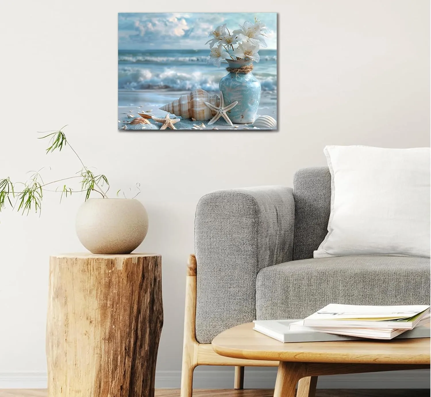 Blue Ocean Beach Bathroom Canvas Wall Art Starfish with White Flower Coastal Picture Wall Decor Seascape Poster Seaside Seashell Painting Print Artwork for Living Room Bedroom Restroom, Framed