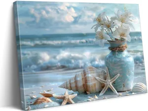 Blue Ocean Beach Bathroom Canvas Wall Art Starfish with White Flower Coastal Picture Wall Decor Seascape Poster Seaside Seashell Painting Print Artwork for Living Room Bedroom Restroom, Framed