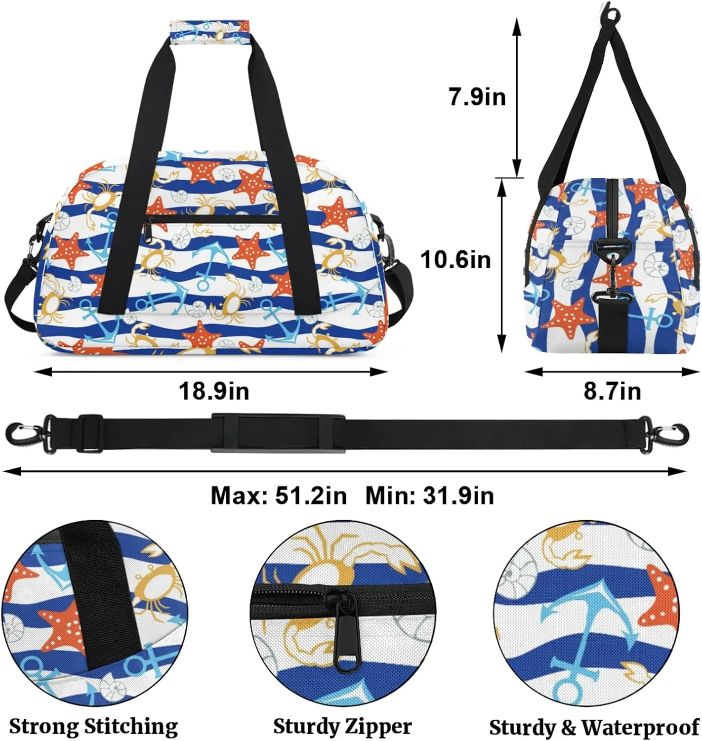 Blue Ocean Beach Seashell Starfish 18 inch Small Gym Bag for Women and Men, Lightweight Carry On Weekender Bag Mini Duffel Bag for Travel Sports Workout