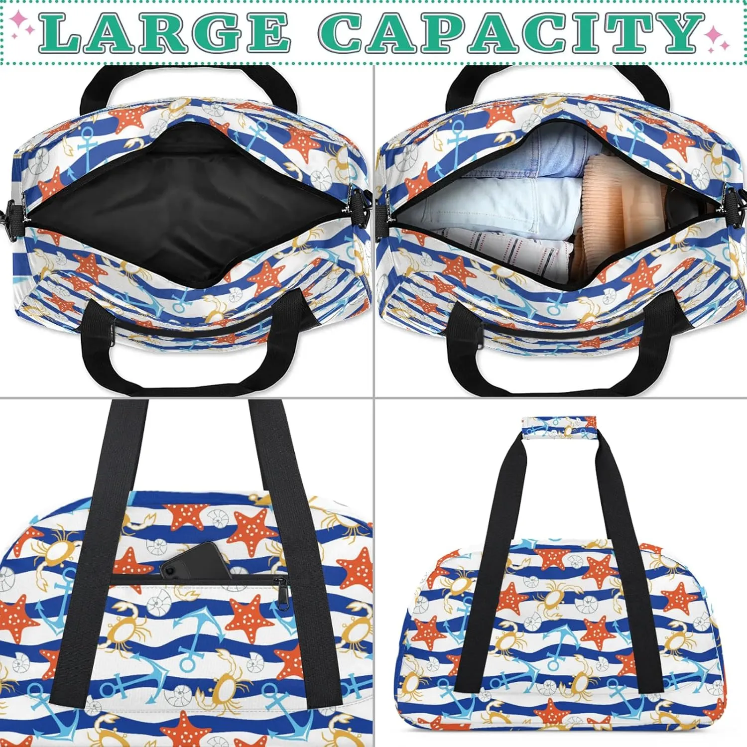 Blue Ocean Beach Seashell Starfish 18 inch Small Gym Bag for Women and Men, Lightweight Carry On Weekender Bag Mini Duffel Bag for Travel Sports Workout