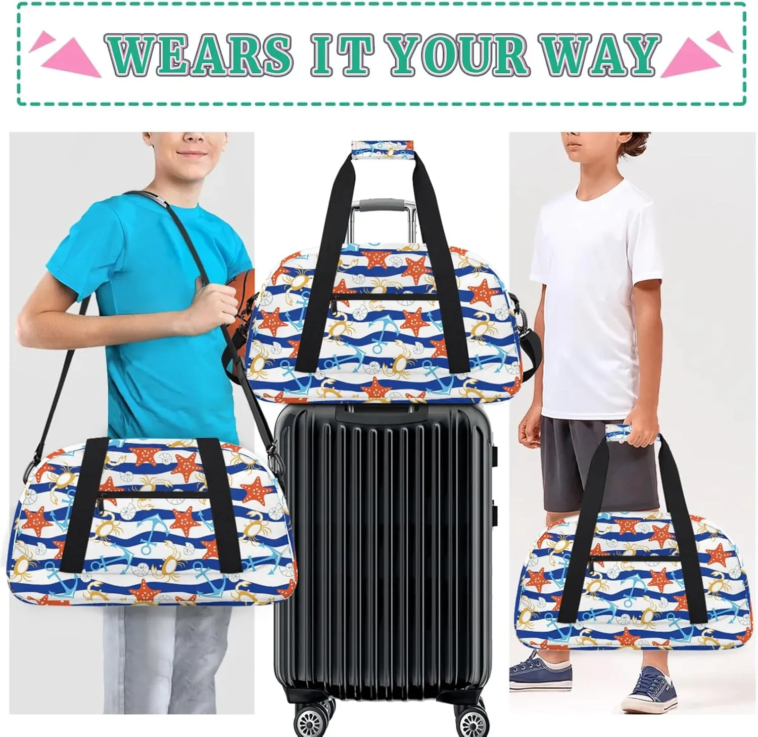 Blue Ocean Beach Seashell Starfish 18 inch Small Gym Bag for Women and Men, Lightweight Carry On Weekender Bag Mini Duffel Bag for Travel Sports Workout