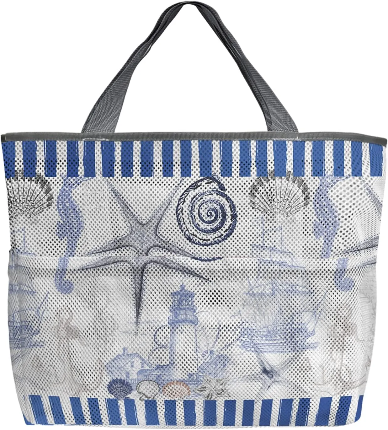 Blue Summer Beach Beach Tote Bag for Women, Ocean Nautical Seashell Starfish Coastal Mesh Beach Bags Waterproof Sandproof, Outdoor Picnic Swim Pool Handbag - Large Beach Bag with Zipper and Pockets