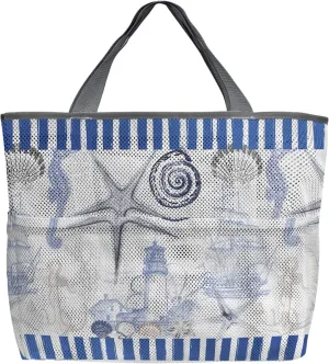 Blue Summer Beach Beach Tote Bag for Women, Ocean Nautical Seashell Starfish Coastal Mesh Beach Bags Waterproof Sandproof, Outdoor Picnic Swim Pool Handbag - Large Beach Bag with Zipper and Pockets