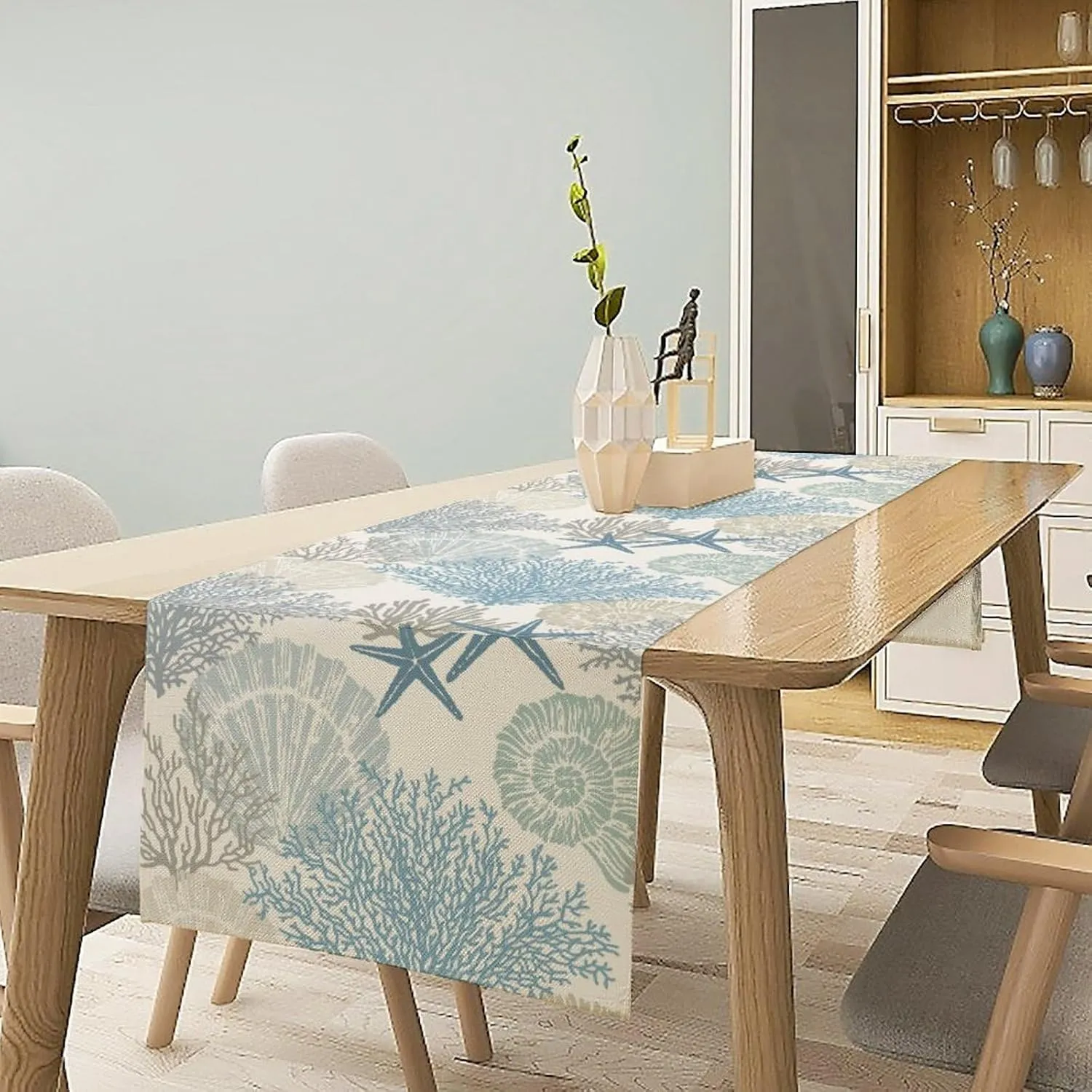 Blue Teal Coral Table Runners, Summer Beach Starfish Coastal Coffee Table Runners for Wedding Party Banquet Dining Holiday 13x60in