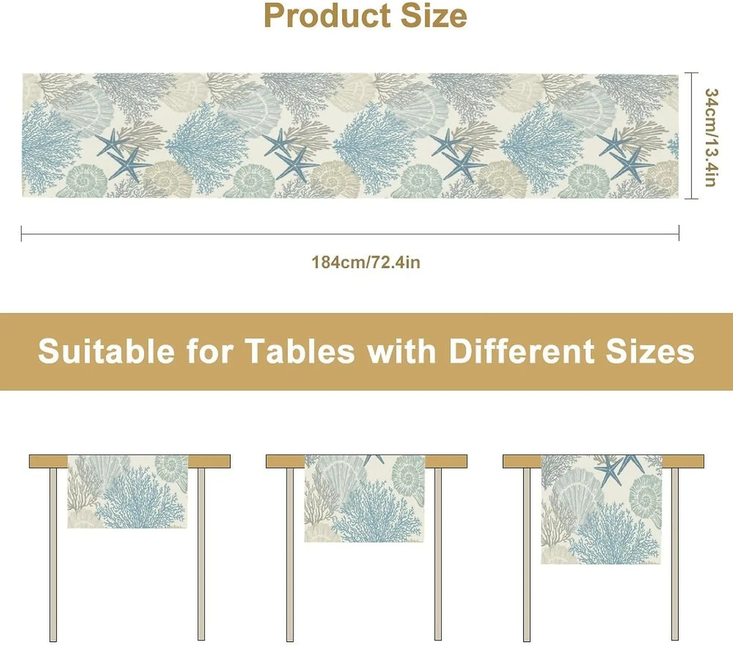Blue Teal Coral Table Runners, Summer Beach Starfish Coastal Coffee Table Runners for Wedding Party Banquet Dining Holiday 13x60in