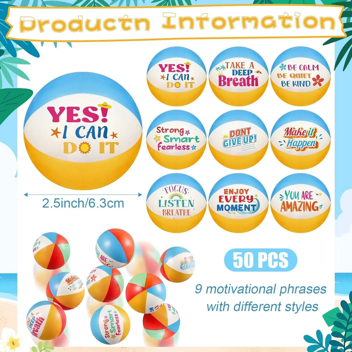 Blulu 50 Pcs Mini Beach Stress Balls 2.5" Foam Beach Balls with Motivational Quotes Rainbow Summer Swimming Pool Game Toy with Storage Bag for Party Decorations Birthday Gifts Rewards